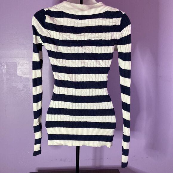 Express Women’s V-Neck Sweater Blue White Striped Long Sleeve Size Small S - Picture 2 of 3